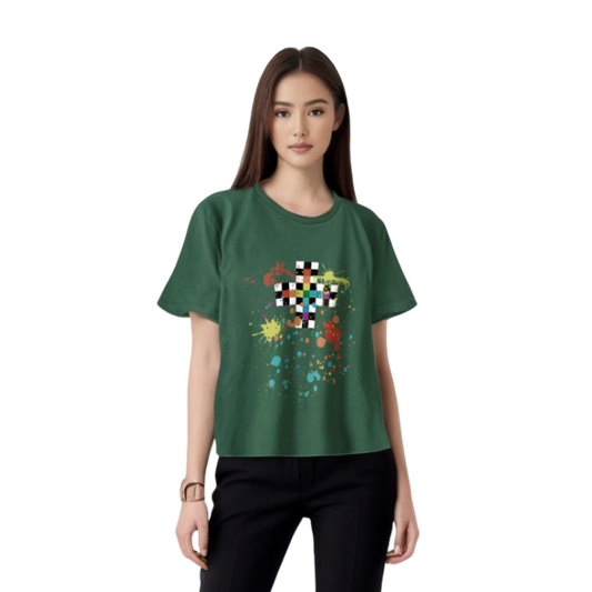 「チェッカーフラッグの十字路と虹の飛沫」Tシャツ2