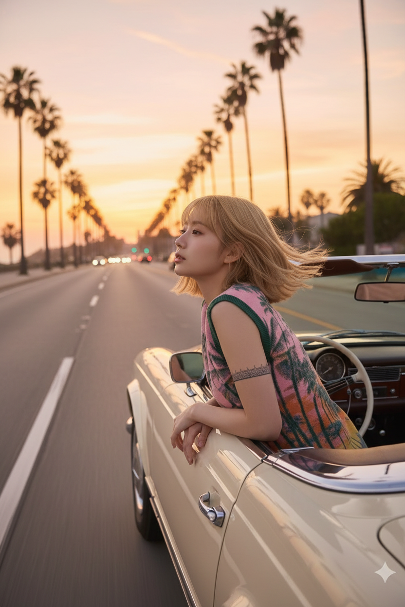 「夕暮れまで続くパームツリーの道」ジャカード・ベスト