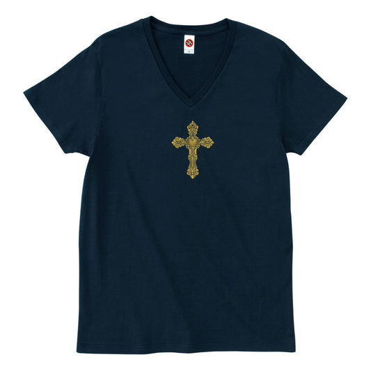 ゴシックハート+ゴールド刺繍VネックTシャツ