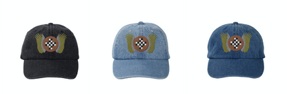 "Fictional racing team emblem, gold, silver and bronze colors" denim embroidered cap 