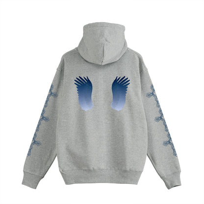 “Wings of blue flame and kitschy rosary pattern” W zip hoodie 