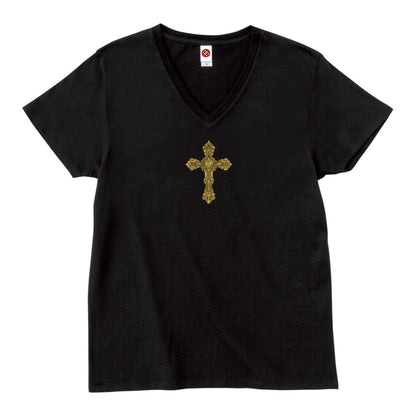 ゴシックハート+ゴールド刺繍VネックTシャツ