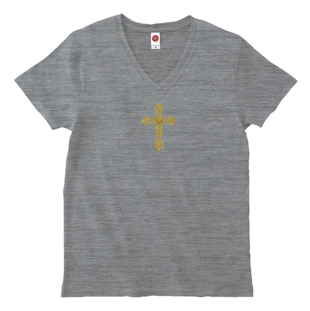 ゴシックハート+ゴールド刺繍VネックTシャツ