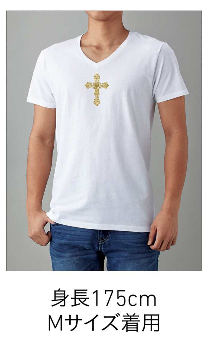 ゴシックハート+ゴールド刺繍VネックTシャツ