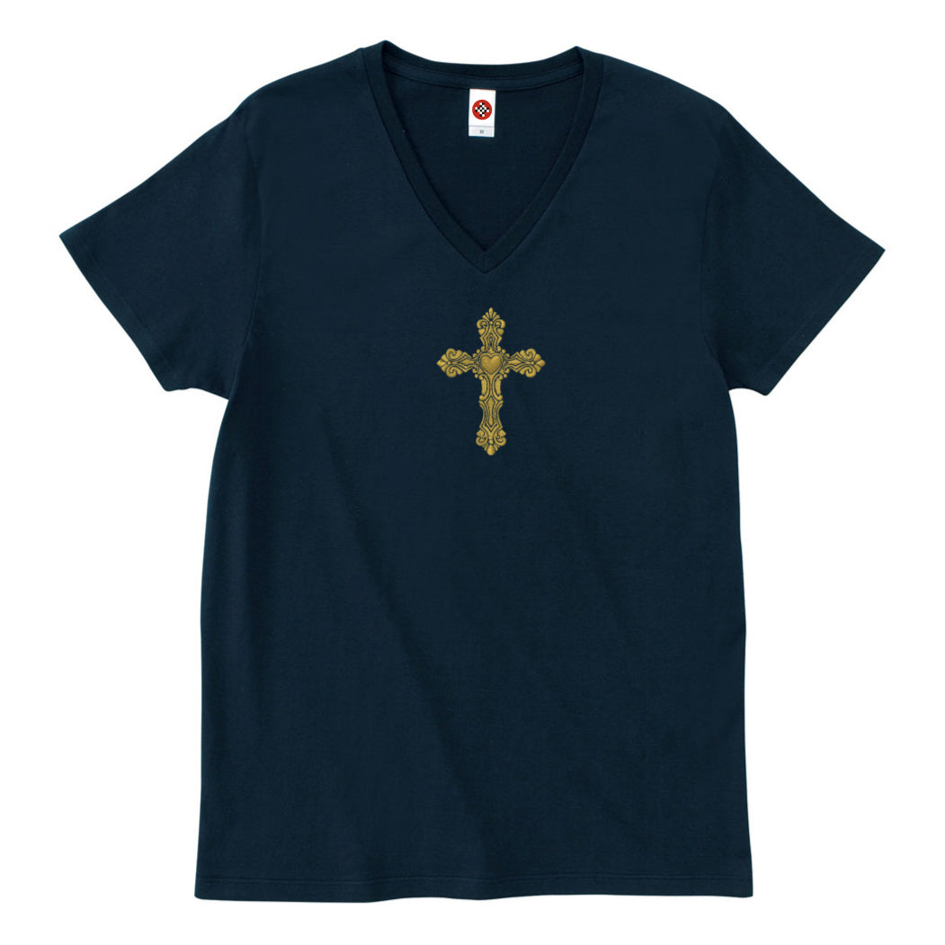 ゴシックハート+ゴールド刺繍VネックTシャツ