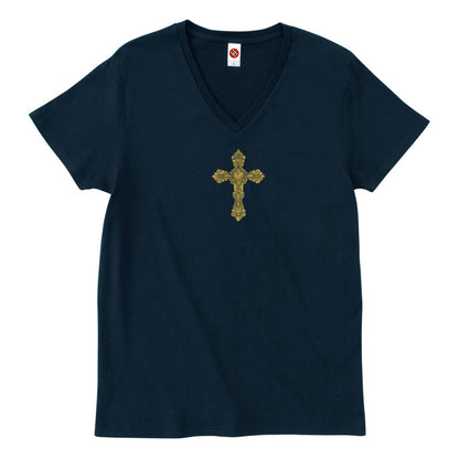 ゴシックハート+ゴールド刺繍VネックTシャツ