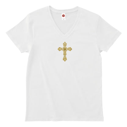 ゴシックハート+ゴールド刺繍VネックTシャツ