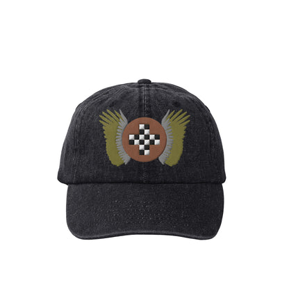 "Fictional racing team emblem, gold, silver and bronze colors" denim embroidered cap 