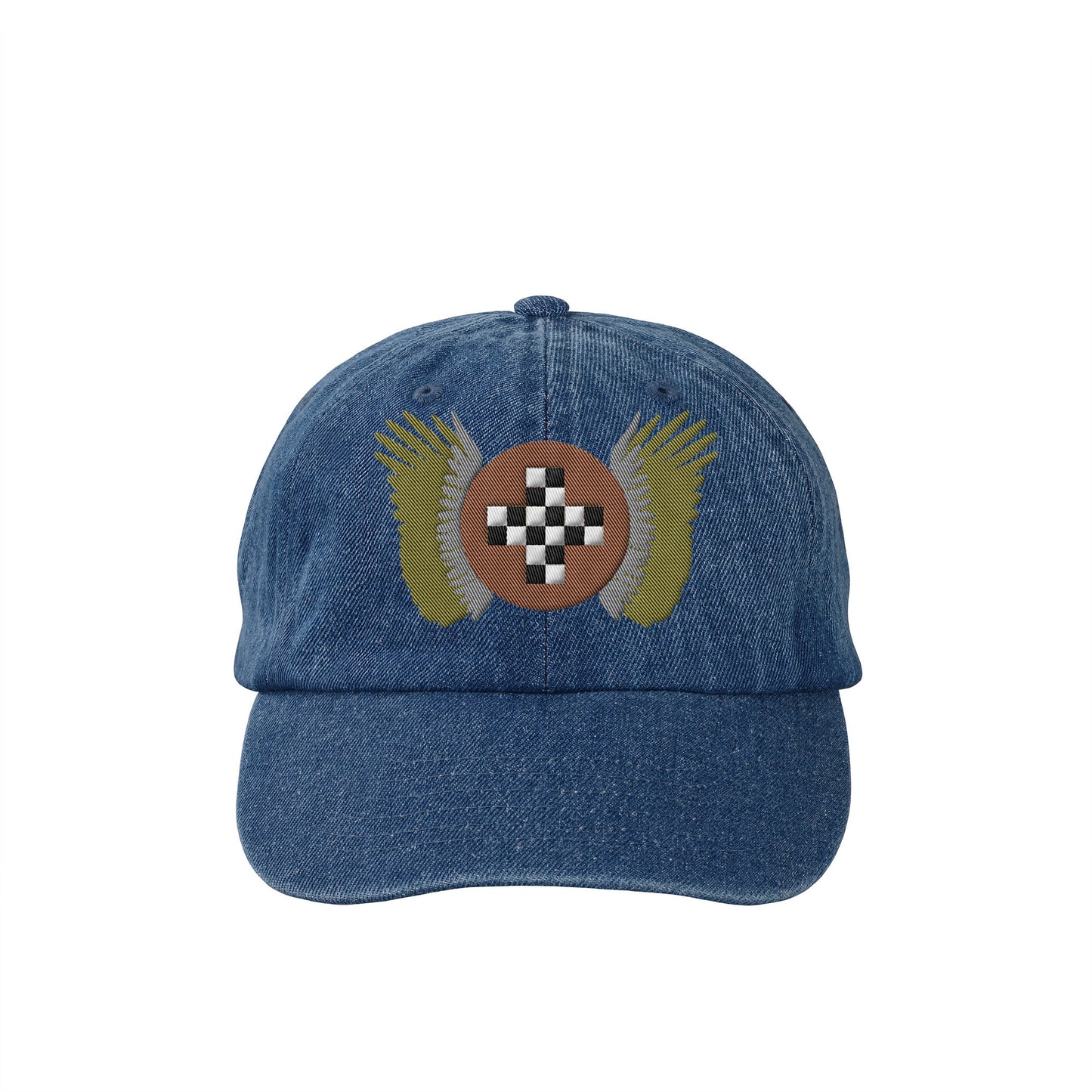 "Fictional racing team emblem, gold, silver and bronze colors" denim embroidered cap 