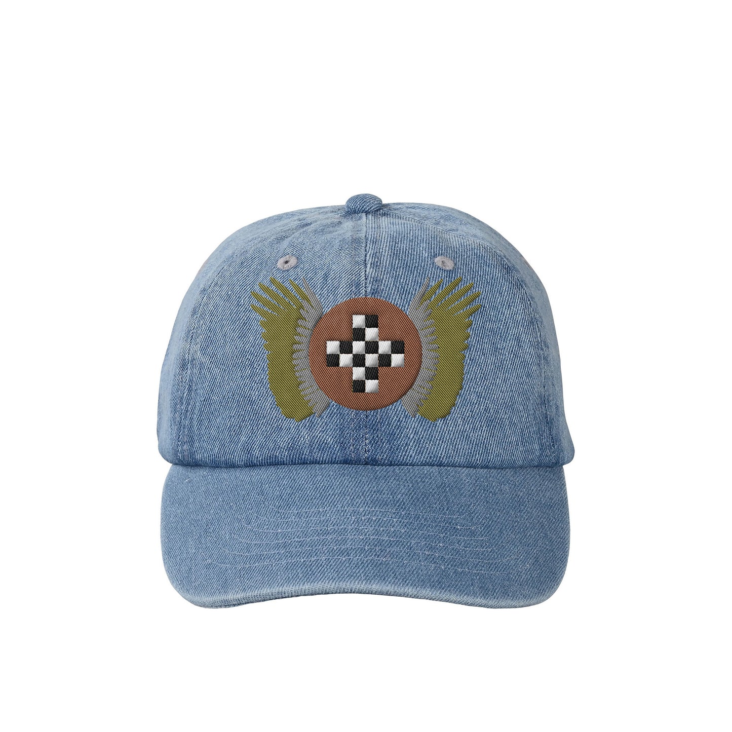 "Fictional racing team emblem, gold, silver and bronze colors" denim embroidered cap 