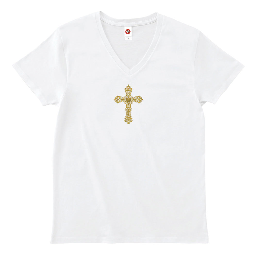 ゴシックハート+ゴールド刺繍VネックTシャツ