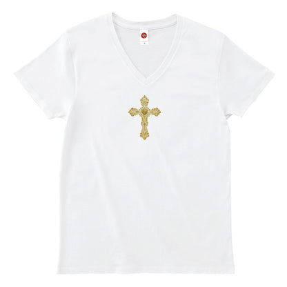 ゴシックハート+ゴールド刺繍VネックTシャツ