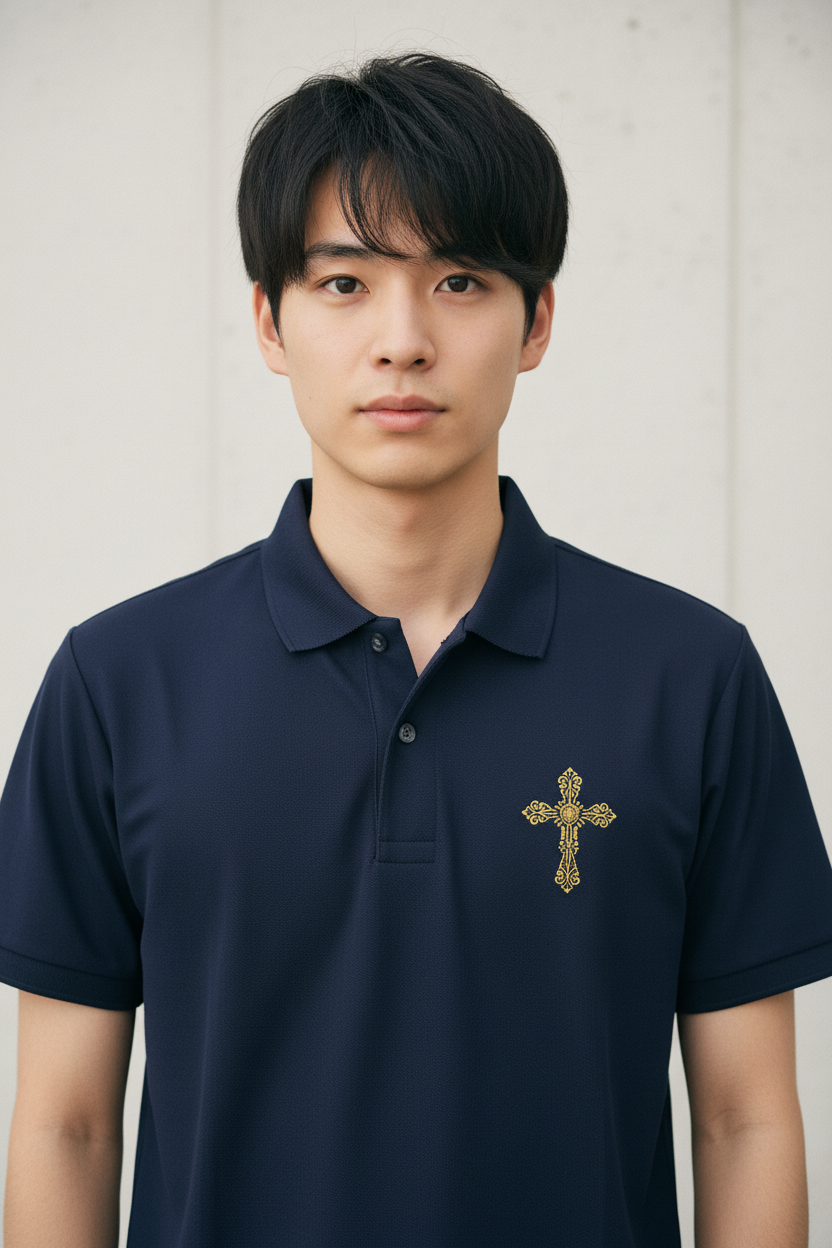 Young Asian man in navy polo with gold cross